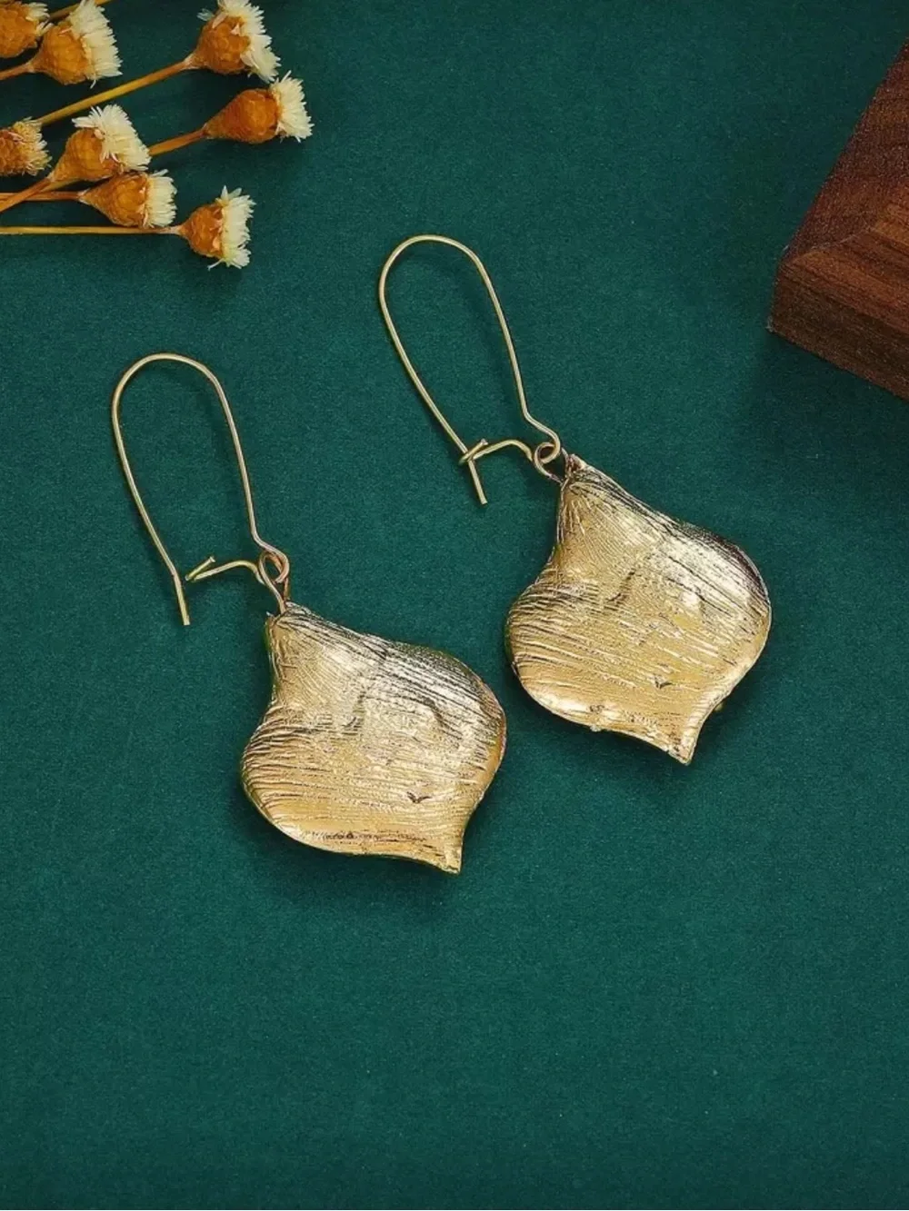 Vintage Gold & Teal Petal Drop Earrings with Pearl Dangles